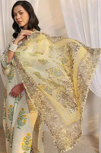 off white floral printed chanderi silk straight suit set with dupatta