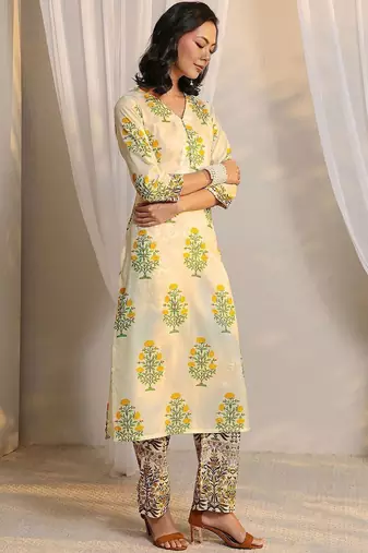off white floral printed chanderi silk straight suit set with dupatta
