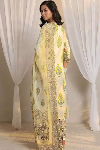 off white floral printed chanderi silk straight suit set with dupatta