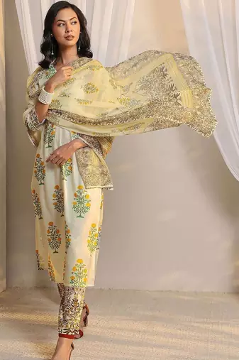 off white floral printed chanderi silk straight suit set with dupatta