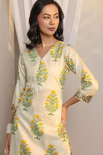 off white floral printed chanderi silk straight suit set with dupatta
