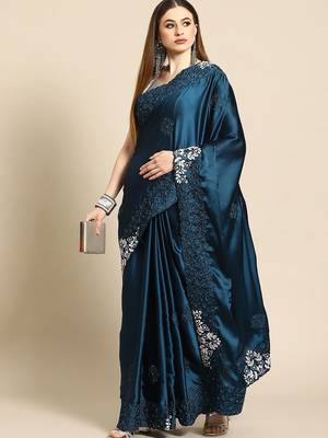 Teal floral embroidered satin saree 1