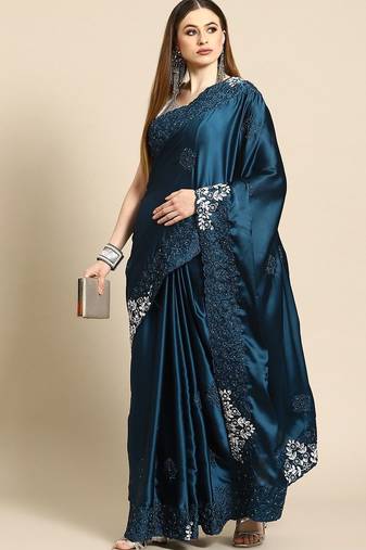 Teal floral embroidered satin saree