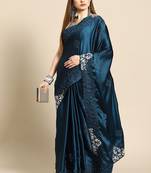 Teal floral embroidered satin saree