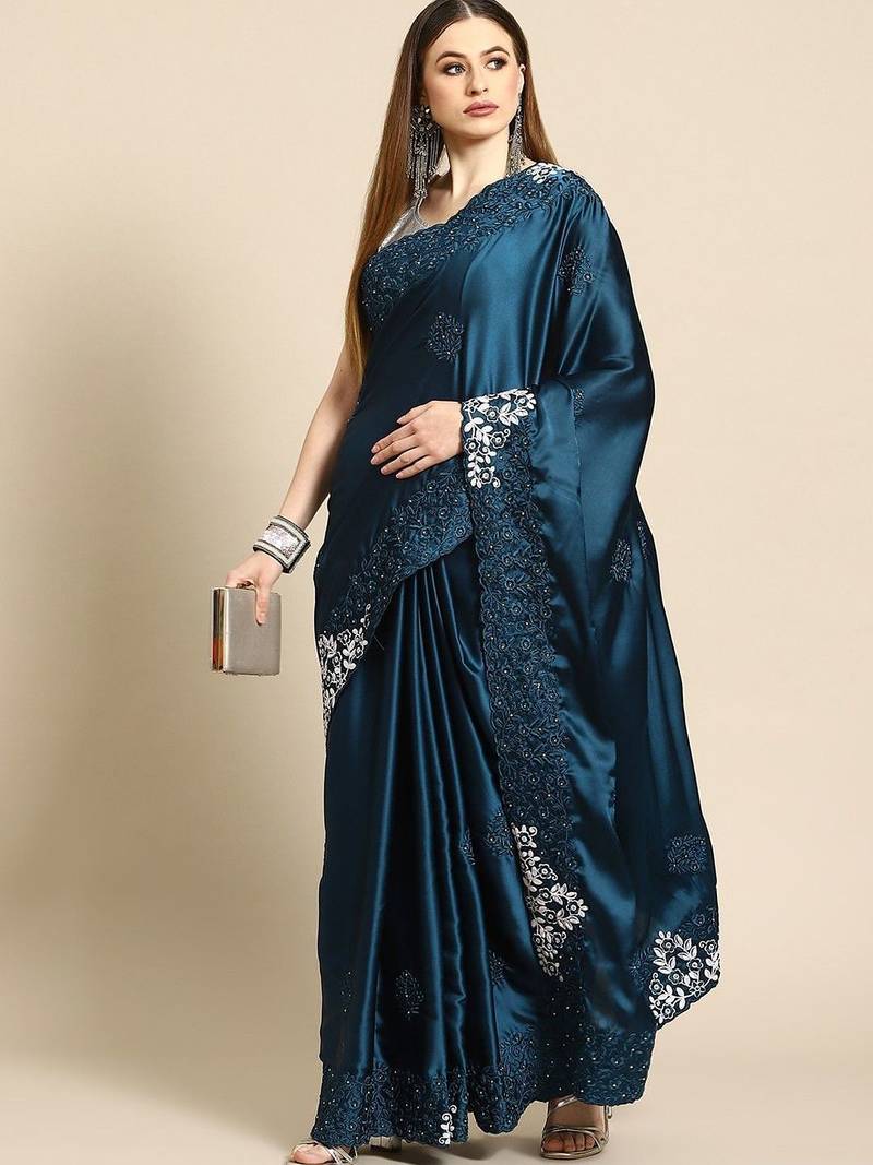Teal floral embroidered satin saree