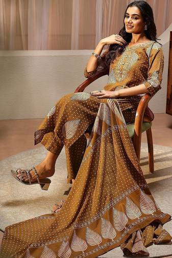 mustard floral printed cotton blend straight suit set