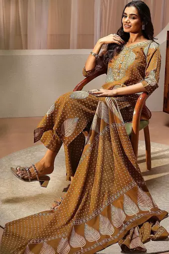 mustard floral printed cotton blend straight suit set