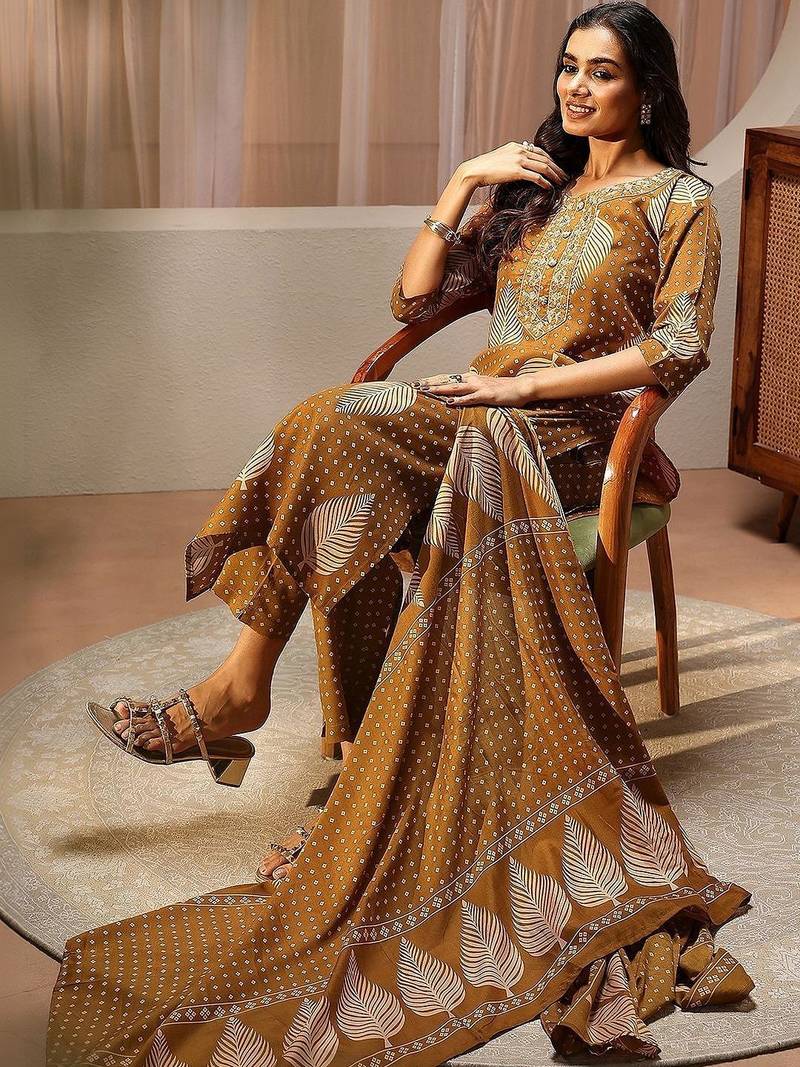 mustard floral printed cotton blend straight suit set