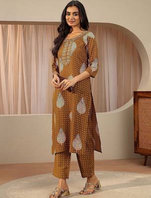 mustard floral printed cotton blend straight suit set 3