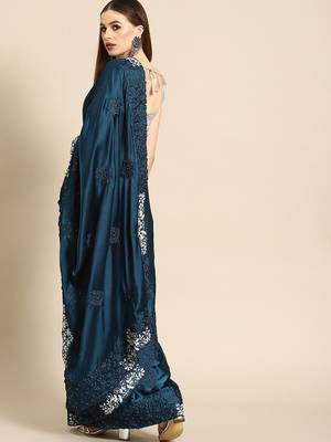 Teal floral embroidered satin saree 2