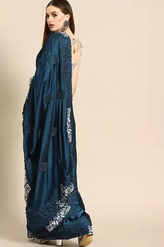 Teal floral embroidered satin saree
