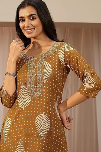 mustard floral printed cotton blend straight suit set