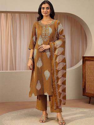mustard floral printed cotton blend straight suit set 5