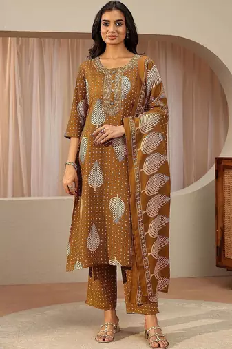mustard floral printed cotton blend straight suit set
