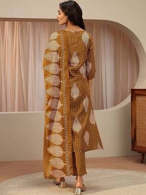 mustard floral printed cotton blend straight suit set 6