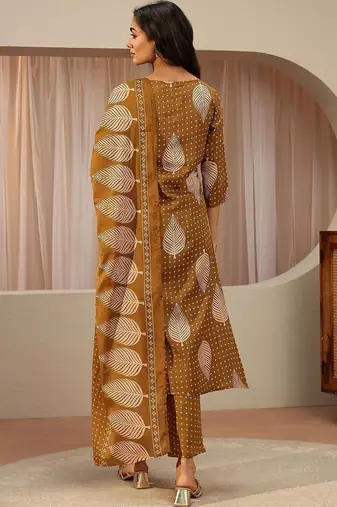 mustard floral printed cotton blend straight suit set