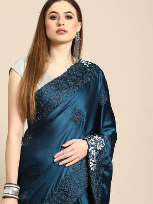 Teal floral embroidered satin saree 3