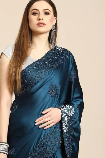 Teal floral embroidered satin saree