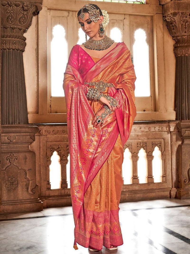Orange orange & red ethnic motifs woven design zari banarasi saree
