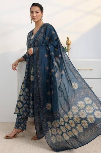 libas blue floral printed a-line suit set with dupatta