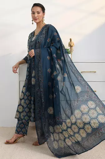 libas blue floral printed a-line suit set with dupatta