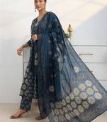 libas blue floral printed a-line suit set with dupatta