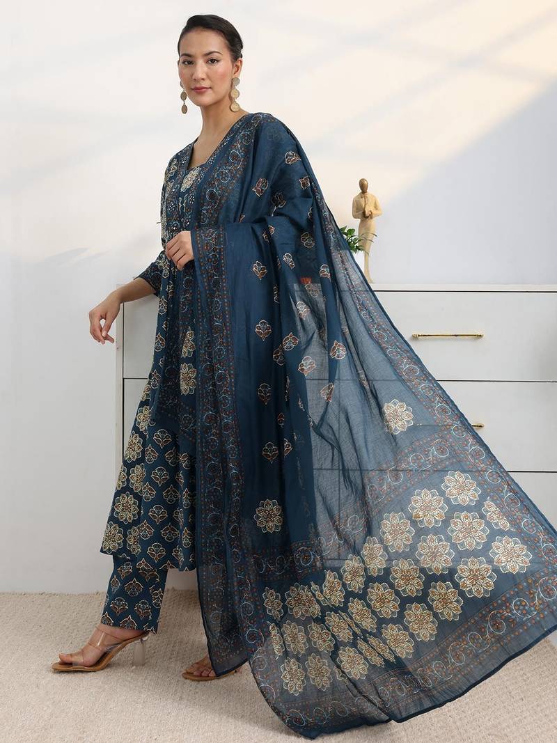 libas blue floral printed a-line suit set with dupatta