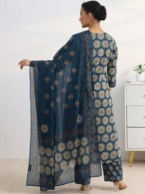 libas blue floral printed a-line suit set with dupatta 2