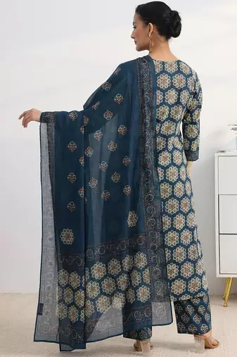 libas blue floral printed a-line suit set with dupatta