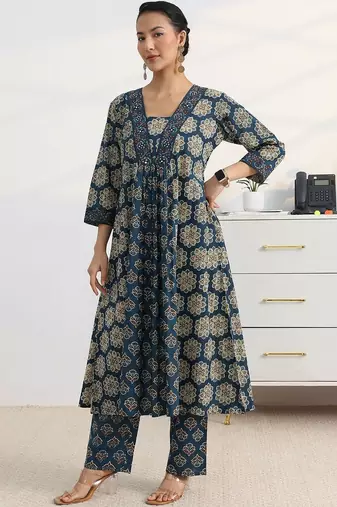 libas blue floral printed a-line suit set with dupatta