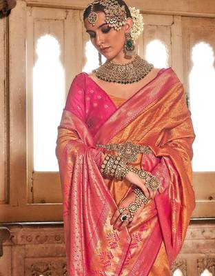 Orange orange & red ethnic motifs woven design zari banarasi saree 2