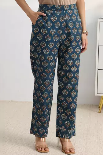 libas blue floral printed a-line suit set with dupatta