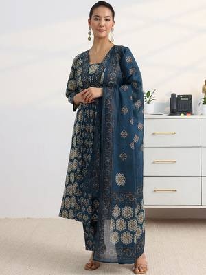 libas blue floral printed a-line suit set with dupatta 6