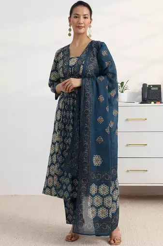 libas blue floral printed a-line suit set with dupatta