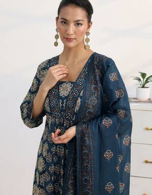 libas blue floral printed a-line suit set with dupatta 7