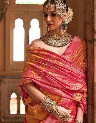 Orange orange & red ethnic motifs woven design zari banarasi saree 3
