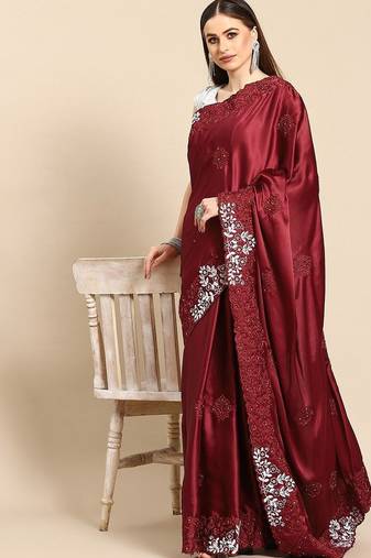 Maroon floral embroidered  saree