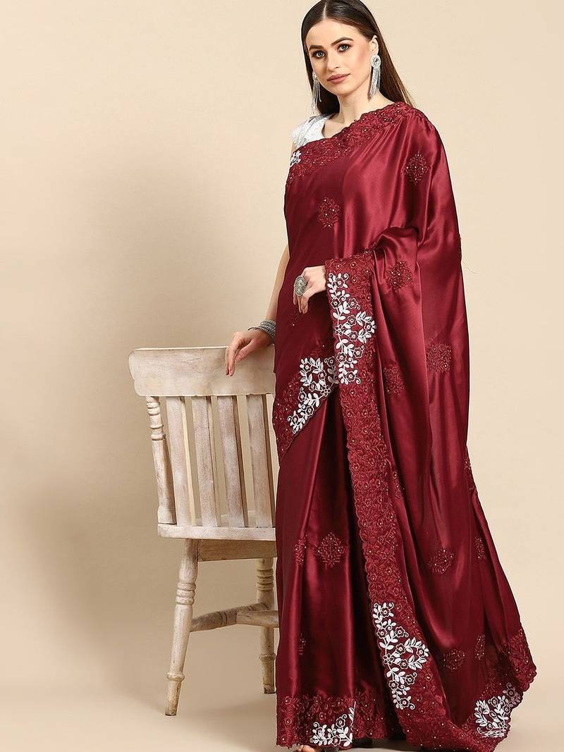 Maroon floral embroidered  saree