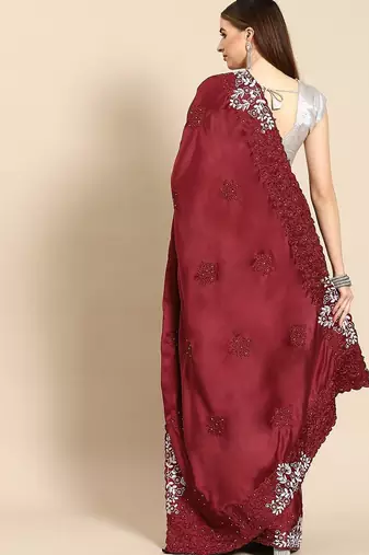 Maroon floral embroidered  saree