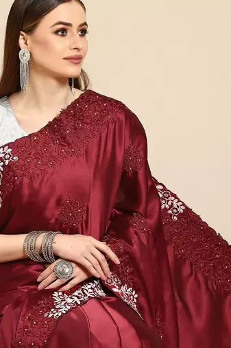 Maroon floral embroidered  saree
