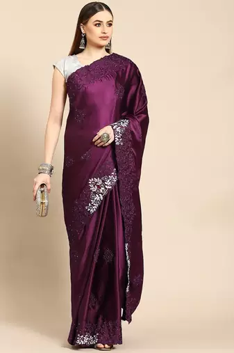 Burgundy embellished embroidered satin saree