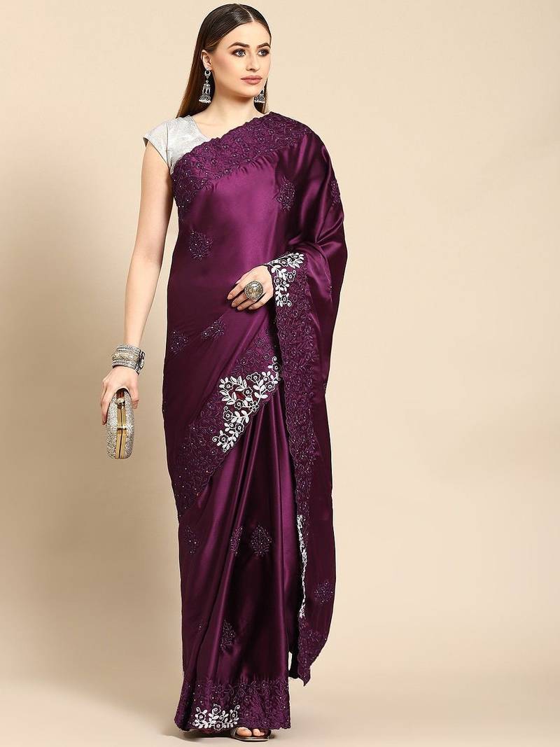 Burgundy embellished embroidered satin saree