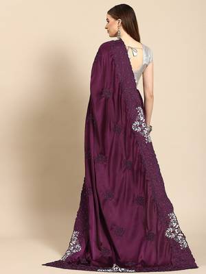 Burgundy embellished embroidered satin saree 2
