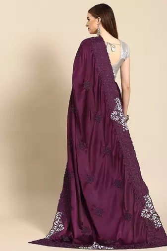 Burgundy embellished embroidered satin saree