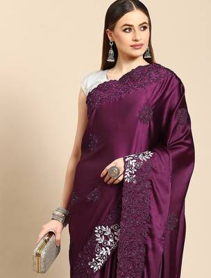 Burgundy embellished embroidered satin saree 3