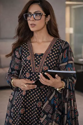 women ethnic motifs printed regular kurta with trousers & with dupatta