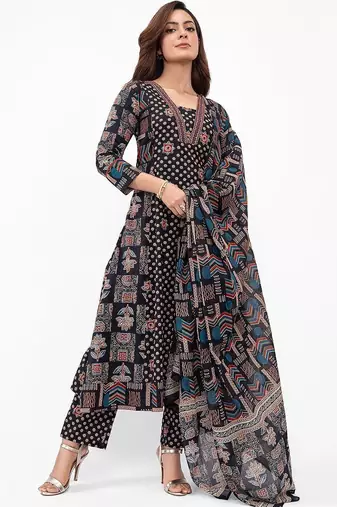 women ethnic motifs printed regular kurta with trousers & with dupatta