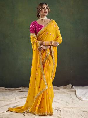 Yellow geometric printed embellished sequinned party wear saree 1