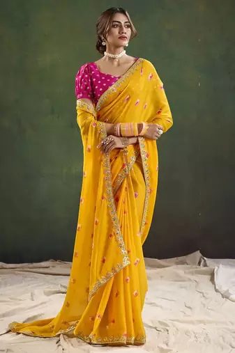 Yellow geometric printed embellished sequinned party wear saree