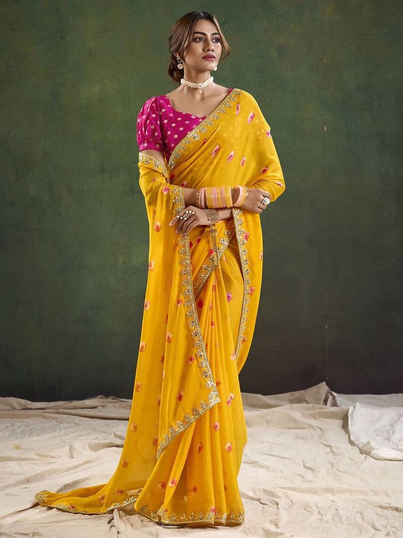 Yellow geometric printed embellished sequinned party wear saree